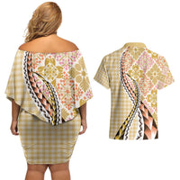 Aloha Vintage Palaka Floral Hawaiian Quilt Couples Matching Off Shoulder Short Dress and Hawaiian Shirt Melemele Motif - Polynesian Pride