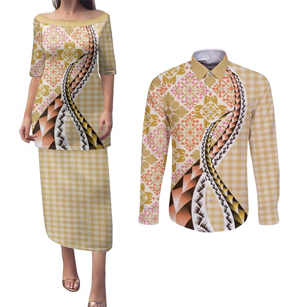 Aloha Vintage Palaka Floral Hawaiian Quilt Couples Matching Puletasi and Long Sleeve Button Shirt Melemele Motif - Polynesian Pride
