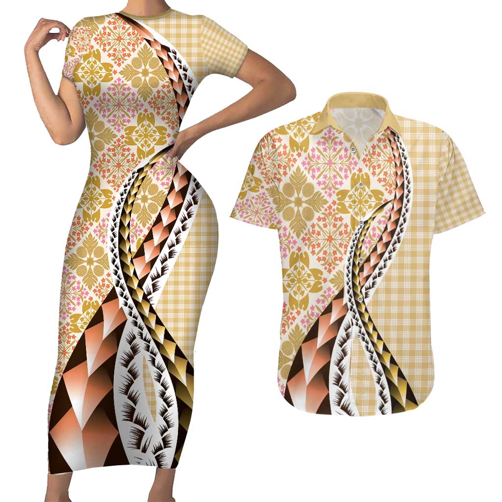 Aloha Vintage Palaka Floral Hawaiian Quilt Couples Matching Short Sleeve Bodycon Dress and Hawaiian Shirt Melemele Motif - Polynesian Pride