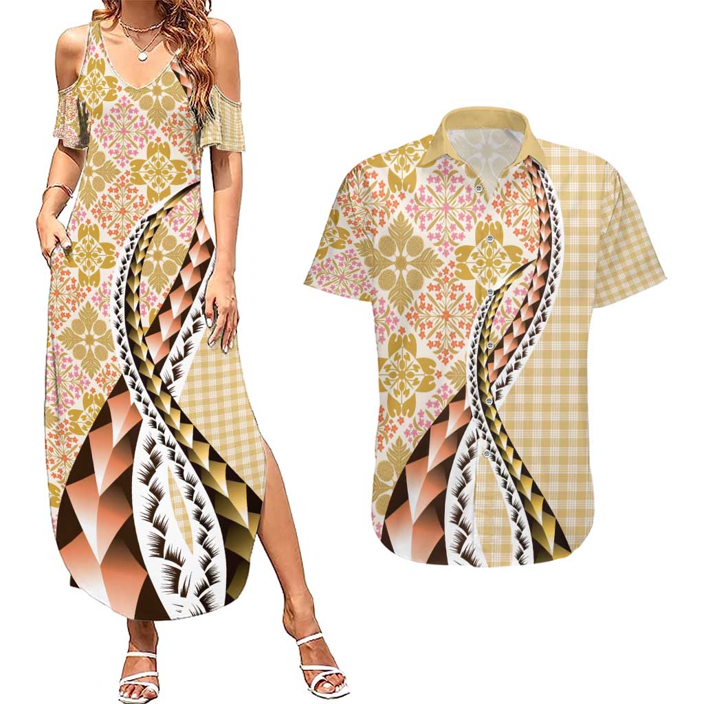 Aloha Vintage Palaka Floral Hawaiian Quilt Couples Matching Summer Maxi Dress and Hawaiian Shirt Melemele Motif - Polynesian Pride