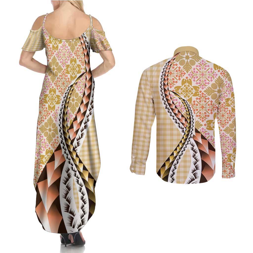 Aloha Vintage Palaka Floral Hawaiian Quilt Couples Matching Summer Maxi Dress and Long Sleeve Button Shirt Melemele Motif - Polynesian Pride
