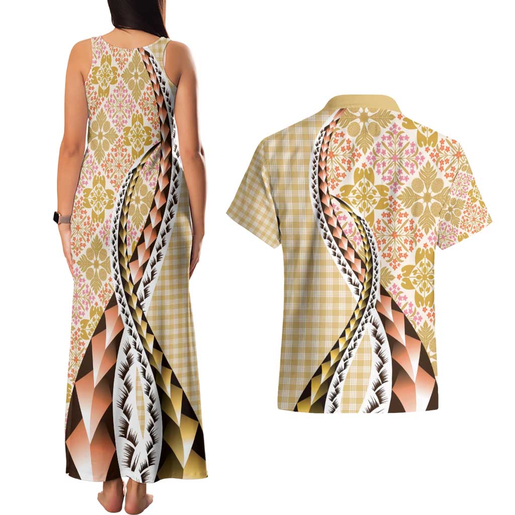Aloha Vintage Palaka Floral Hawaiian Quilt Couples Matching Tank Maxi Dress and Hawaiian Shirt Melemele Motif - Polynesian Pride