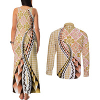 Aloha Vintage Palaka Floral Hawaiian Quilt Couples Matching Tank Maxi Dress and Long Sleeve Button Shirt Melemele Motif - Polynesian Pride