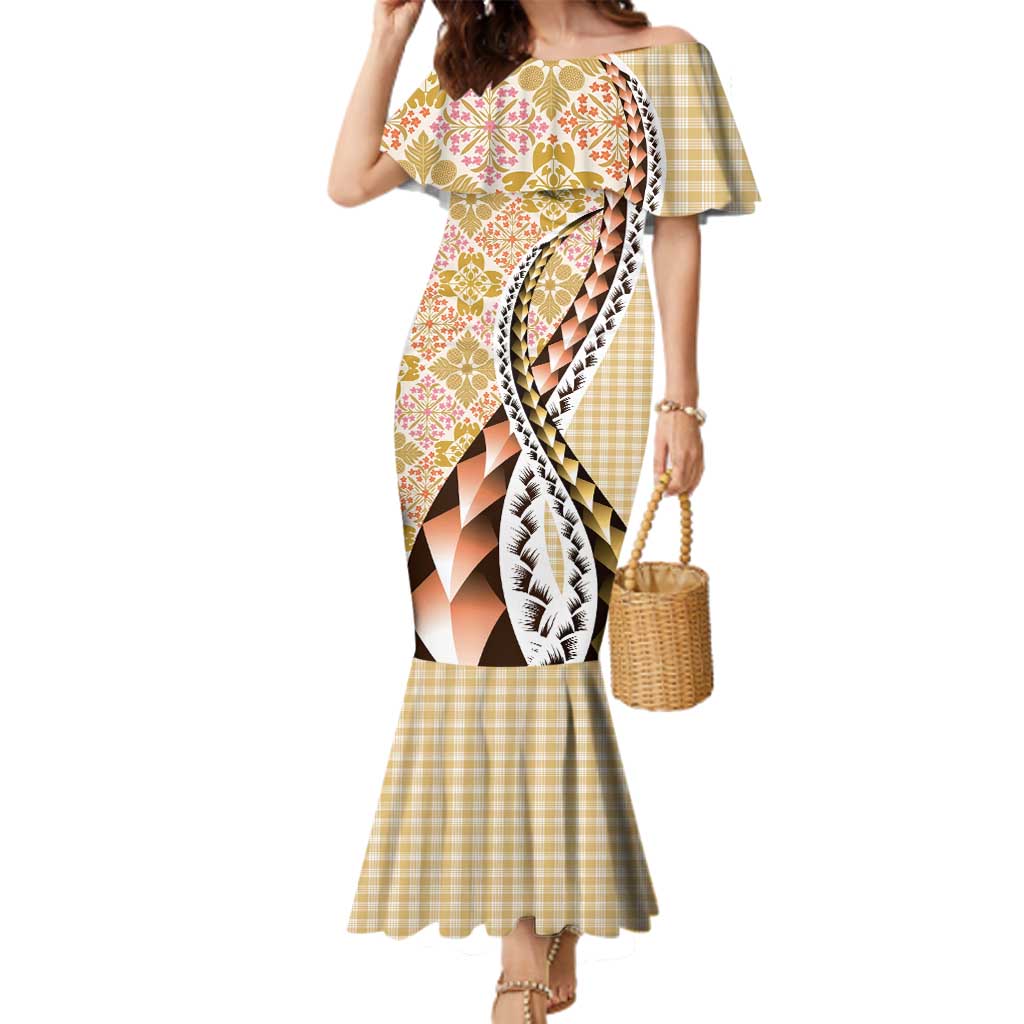 Aloha Vintage Palaka Floral Hawaiian Quilt Family Matching Mermaid Dress and Hawaiian Shirt Melemele Motif - Polynesian Pride