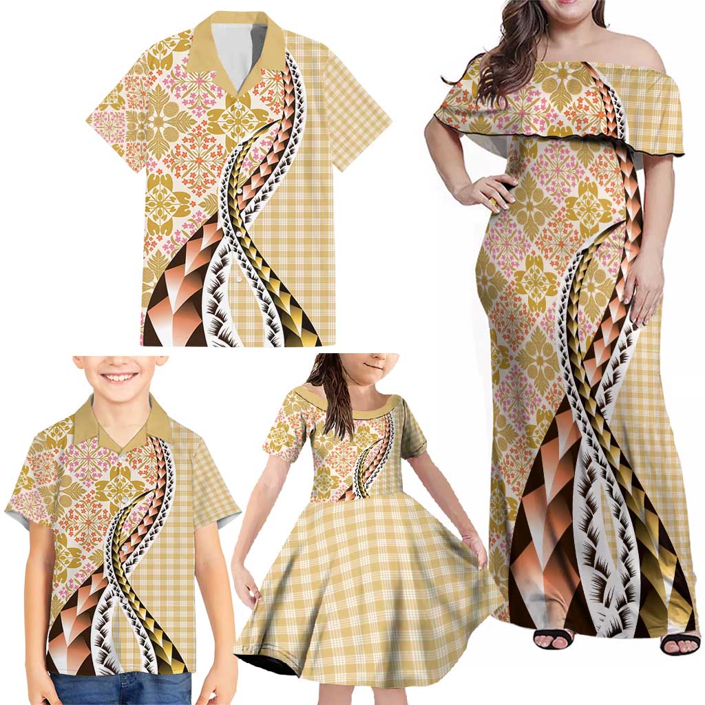 Aloha Vintage Palaka Floral Hawaiian Quilt Family Matching Off Shoulder Maxi Dress and Hawaiian Shirt Melemele Motif - Polynesian Pride