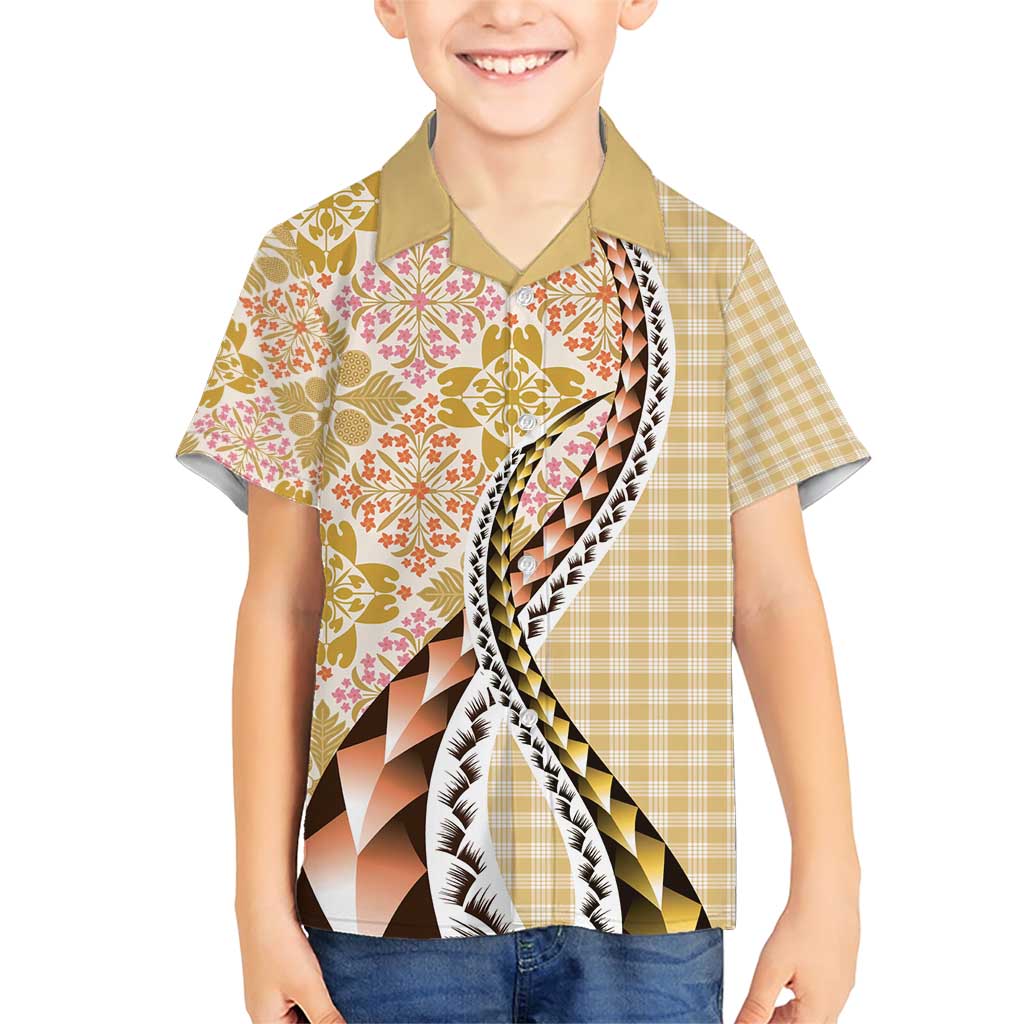 Aloha Vintage Palaka Floral Hawaiian Quilt Family Matching Short Sleeve Bodycon Dress and Hawaiian Shirt Melemele Motif - Polynesian Pride