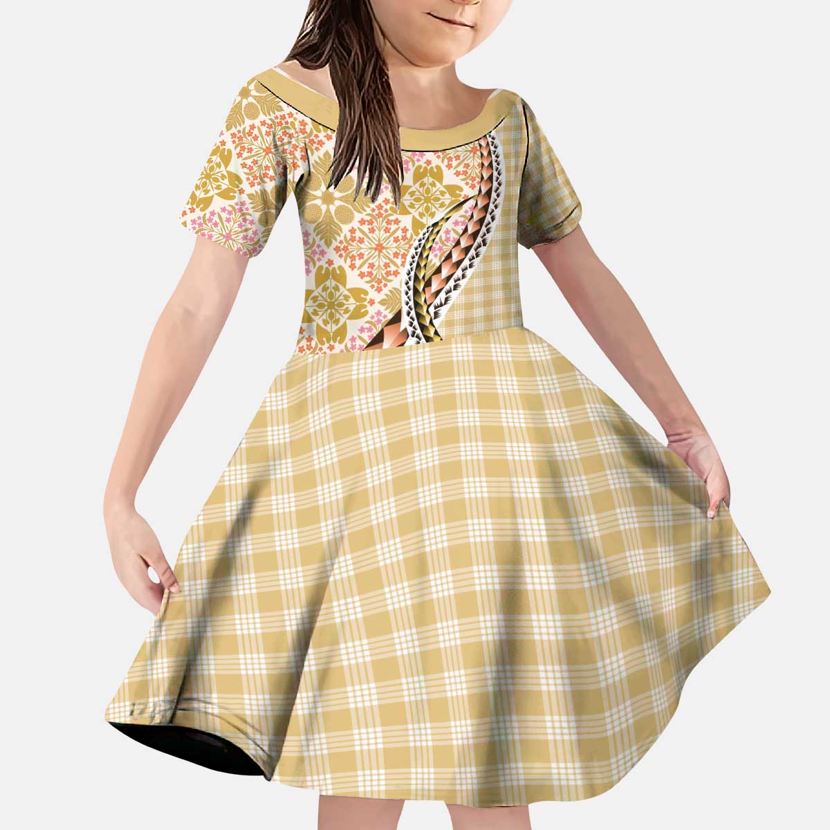 Aloha Vintage Palaka Floral Hawaiian Quilt Kid Short Sleeve Dress Melemele Motif - Polynesian Pride