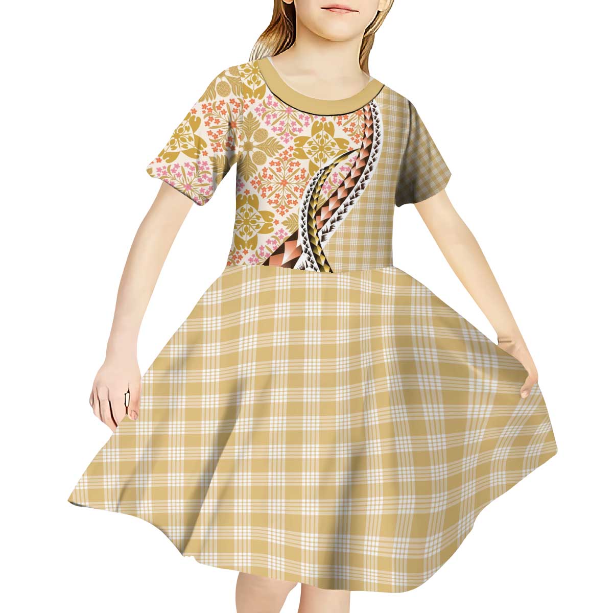 Aloha Vintage Palaka Floral Hawaiian Quilt Kid Short Sleeve Dress Melemele Motif - Polynesian Pride