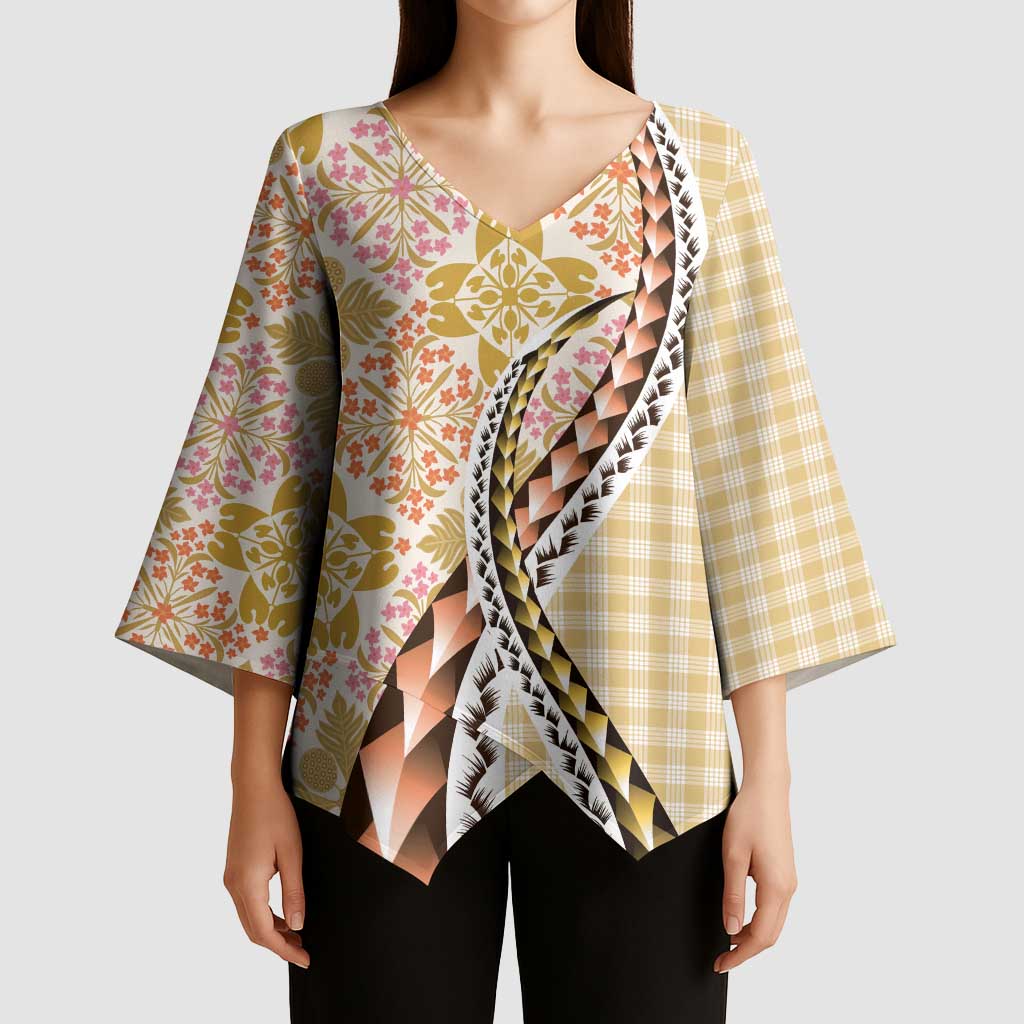 Aloha Vintage Palaka Floral Hawaiian Quilt Kimono Sleeve Blouse Melemele Motif - Polynesian Pride