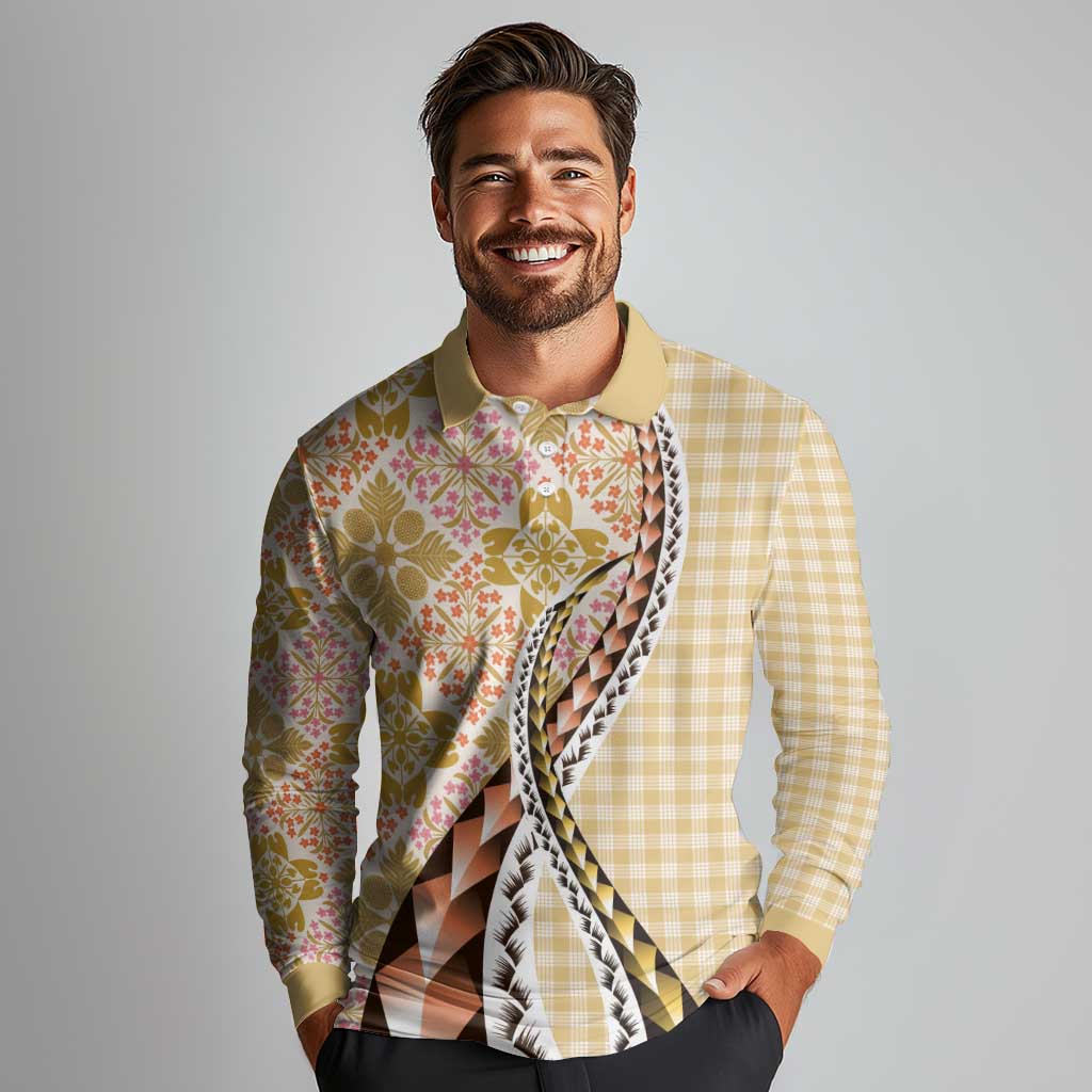 Aloha Vintage Palaka Floral Hawaiian Quilt Long Sleeve Polo Shirt Melemele Motif - Polynesian Pride