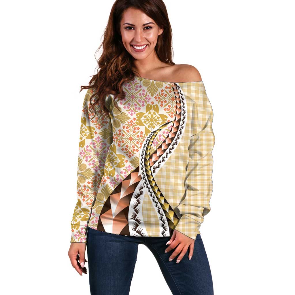 Aloha Vintage Palaka Floral Hawaiian Quilt Off Shoulder Sweater Melemele Motif - Polynesian Pride