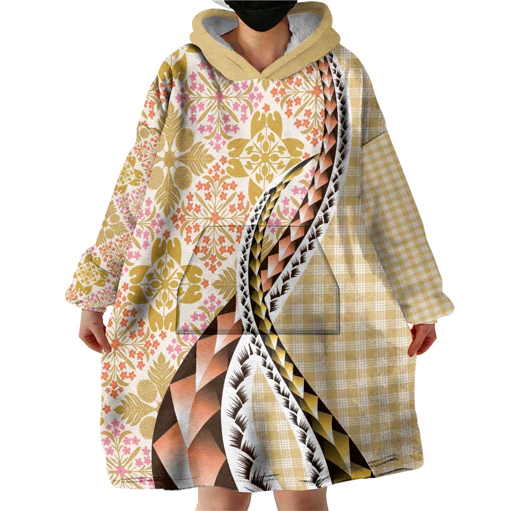 Aloha Vintage Palaka Floral Hawaiian Quilt Wearable Blanket Hoodie Melemele Motif - Polynesian Pride