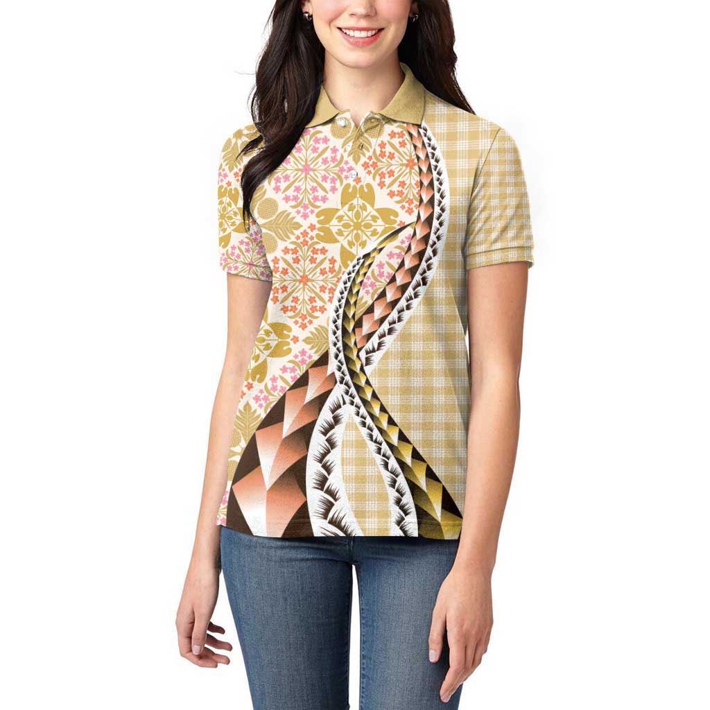 Aloha Vintage Palaka Floral Hawaiian Quilt Women Polo Shirt Melemele Motif - Polynesian Pride