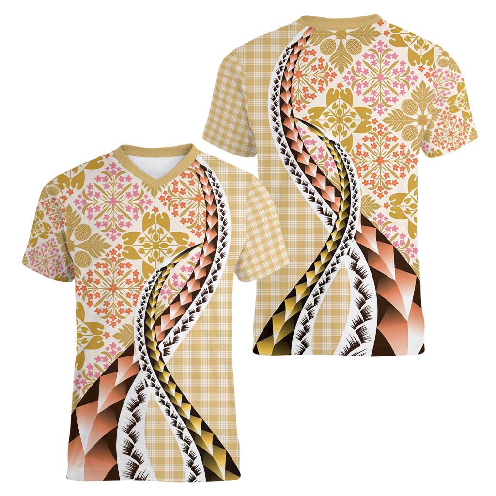 Aloha Vintage Palaka Floral Hawaiian Quilt Women V-Neck T-Shirt Melemele Motif - Polynesian Pride