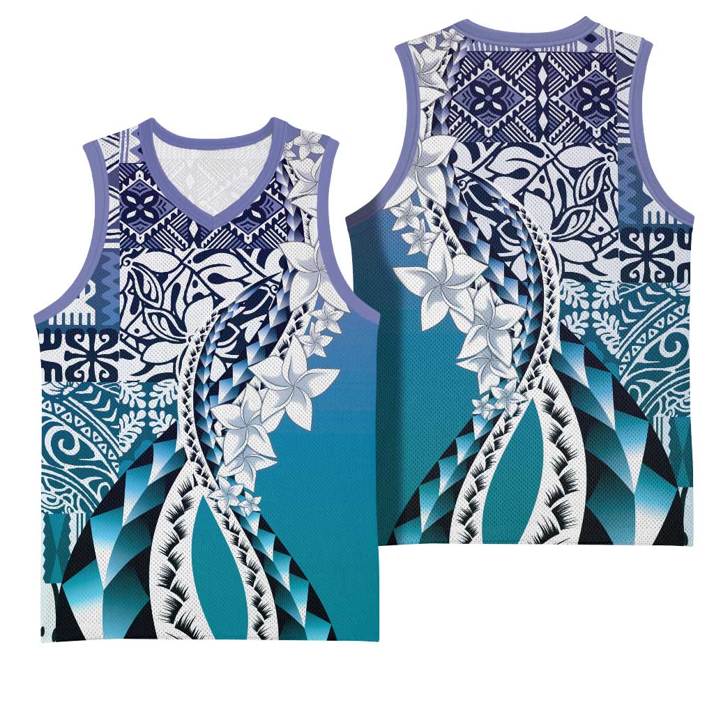 Aloha Vintage Plumeria Hawaiian Tapa Pattern Basketball Jersey Blue Hawaiian Tapa Pattern - Polynesian Pride