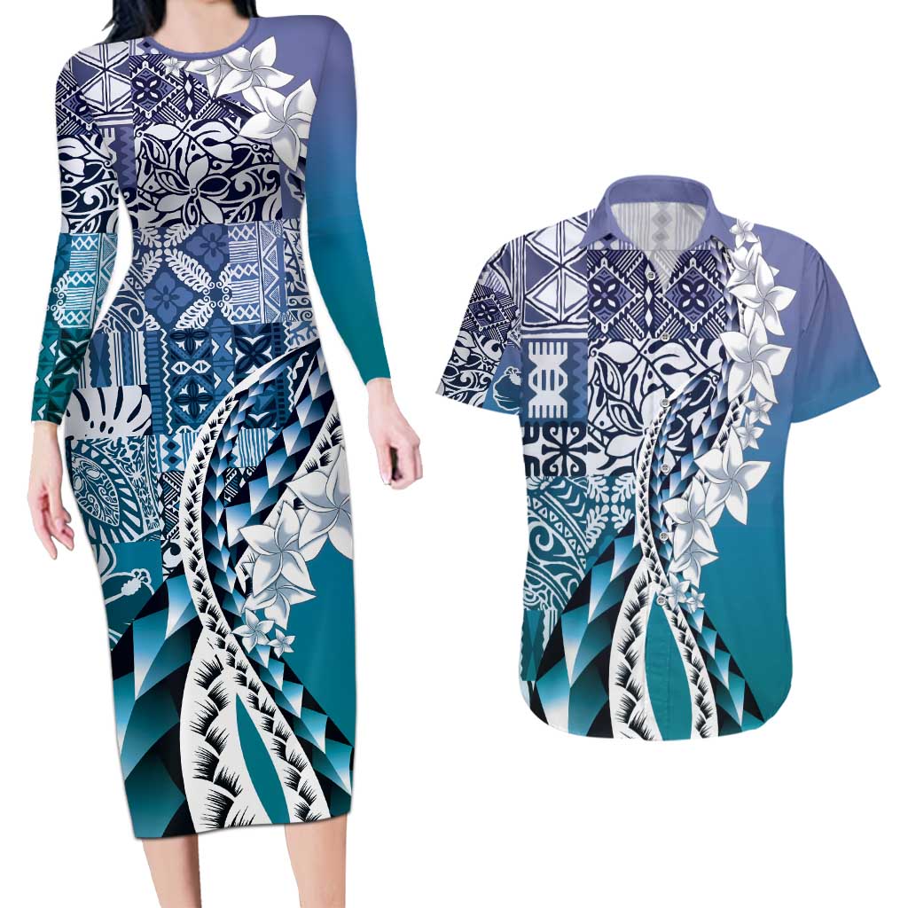 Aloha Vintage Plumeria Hawaiian Tapa Pattern Couples Matching Long Sleeve Bodycon Dress and Hawaiian Shirt Blue Hawaiian Tapa Pattern - Polynesian Pride