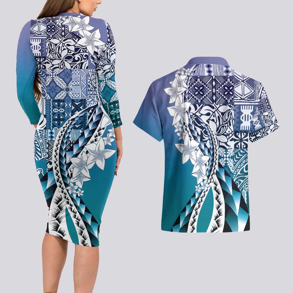 Aloha Vintage Plumeria Hawaiian Tapa Pattern Couples Matching Long Sleeve Bodycon Dress and Hawaiian Shirt Blue Hawaiian Tapa Pattern - Polynesian Pride