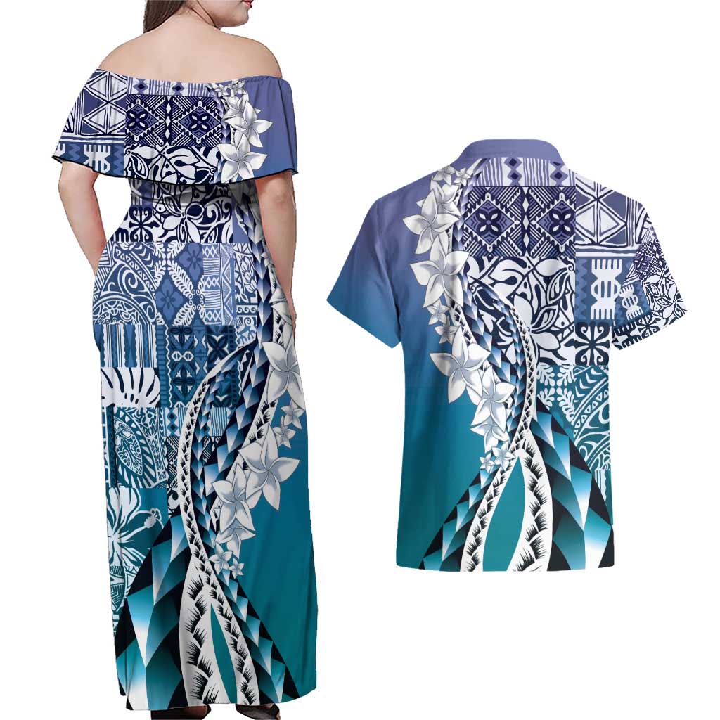 Aloha Vintage Plumeria Hawaiian Tapa Pattern Couples Matching Off Shoulder Maxi Dress and Hawaiian Shirt Blue Hawaiian Tapa Pattern - Polynesian Pride