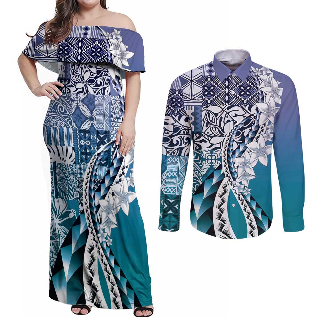 Aloha Vintage Plumeria Hawaiian Tapa Pattern Couples Matching Off Shoulder Maxi Dress and Long Sleeve Button Shirt Blue Hawaiian Tapa Pattern - Polynesian Pride