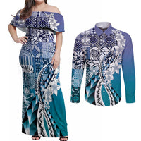 Aloha Vintage Plumeria Hawaiian Tapa Pattern Couples Matching Off Shoulder Maxi Dress and Long Sleeve Button Shirt Blue Hawaiian Tapa Pattern - Polynesian Pride