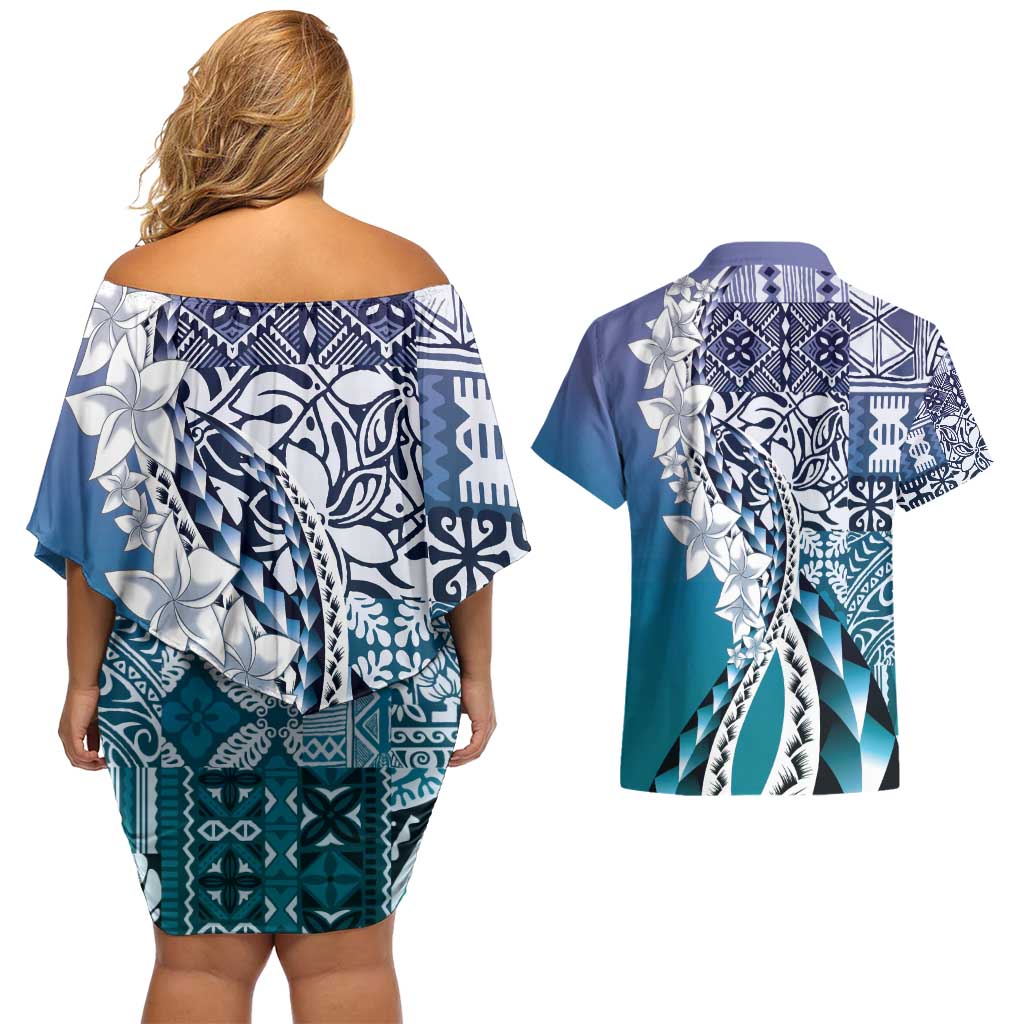 Aloha Vintage Plumeria Hawaiian Tapa Pattern Couples Matching Off Shoulder Short Dress and Hawaiian Shirt Blue Hawaiian Tapa Pattern - Polynesian Pride