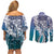 Aloha Vintage Plumeria Hawaiian Tapa Pattern Couples Matching Off Shoulder Short Dress and Long Sleeve Button Shirt Blue Hawaiian Tapa Pattern - Polynesian Pride