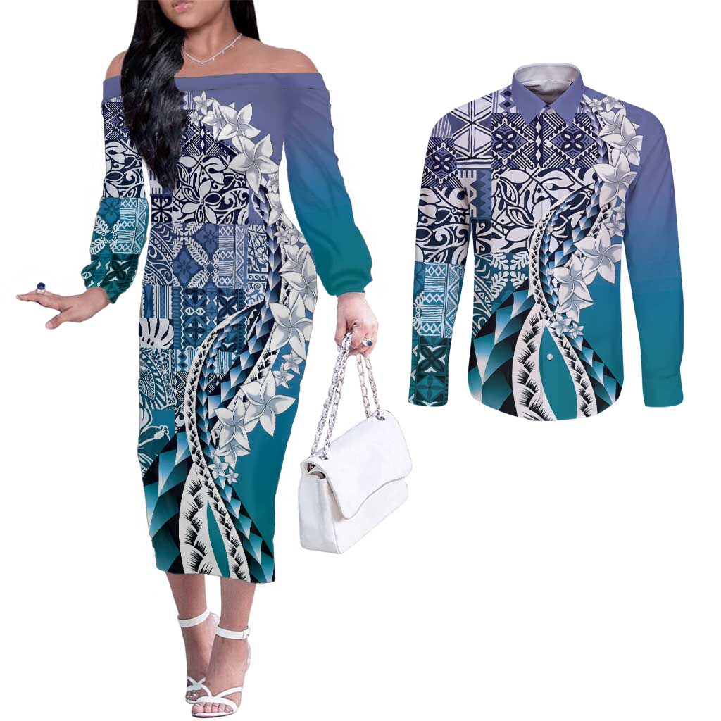 Aloha Vintage Plumeria Hawaiian Tapa Pattern Couples Matching Off The Shoulder Long Sleeve Dress and Long Sleeve Button Shirt Blue Hawaiian Tapa Pattern - Polynesian Pride