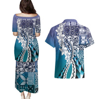 Aloha Vintage Plumeria Hawaiian Tapa Pattern Couples Matching Puletasi and Hawaiian Shirt Blue Hawaiian Tapa Pattern - Polynesian Pride
