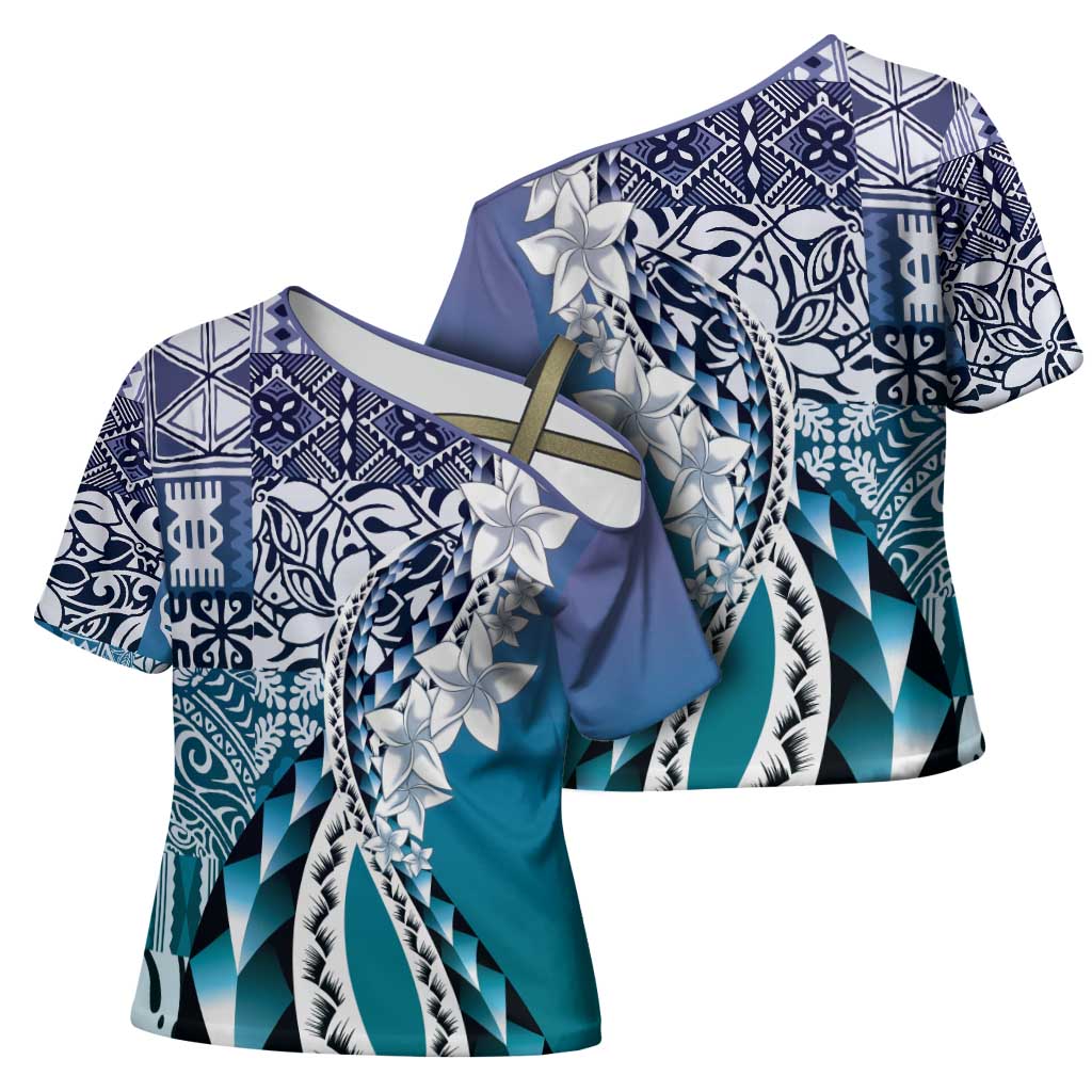 Aloha Vintage Plumeria Hawaiian Tapa Pattern Cross Shoulder Shirt Blue Hawaiian Tapa Pattern - Polynesian Pride