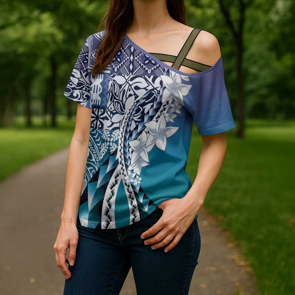 Aloha Vintage Plumeria Hawaiian Tapa Pattern Cross Shoulder Shirt Blue Hawaiian Tapa Pattern - Polynesian Pride