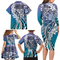 Aloha Vintage Plumeria Hawaiian Tapa Pattern Family Matching Long Sleeve Bodycon Dress and Hawaiian Shirt Blue Hawaiian Tapa Pattern - Polynesian Pride