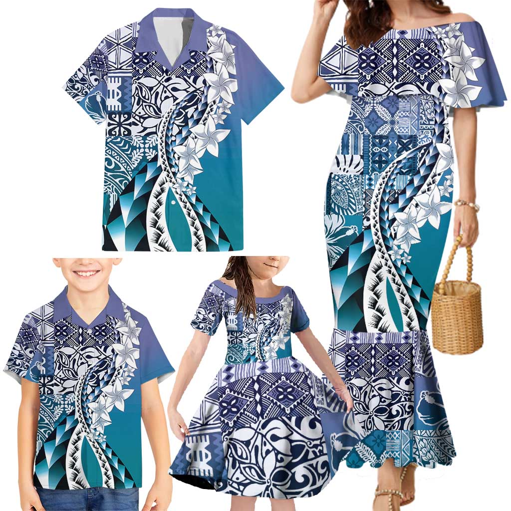 Aloha Vintage Plumeria Hawaiian Tapa Pattern Family Matching Mermaid Dress and Hawaiian Shirt Blue Hawaiian Tapa Pattern - Polynesian Pride