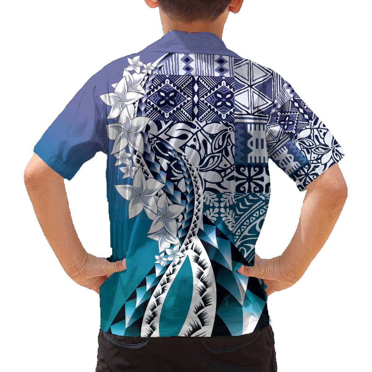 Aloha Vintage Plumeria Hawaiian Tapa Pattern Family Matching Off The Shoulder Long Sleeve Dress and Hawaiian Shirt Blue Hawaiian Tapa Pattern - Polynesian Pride