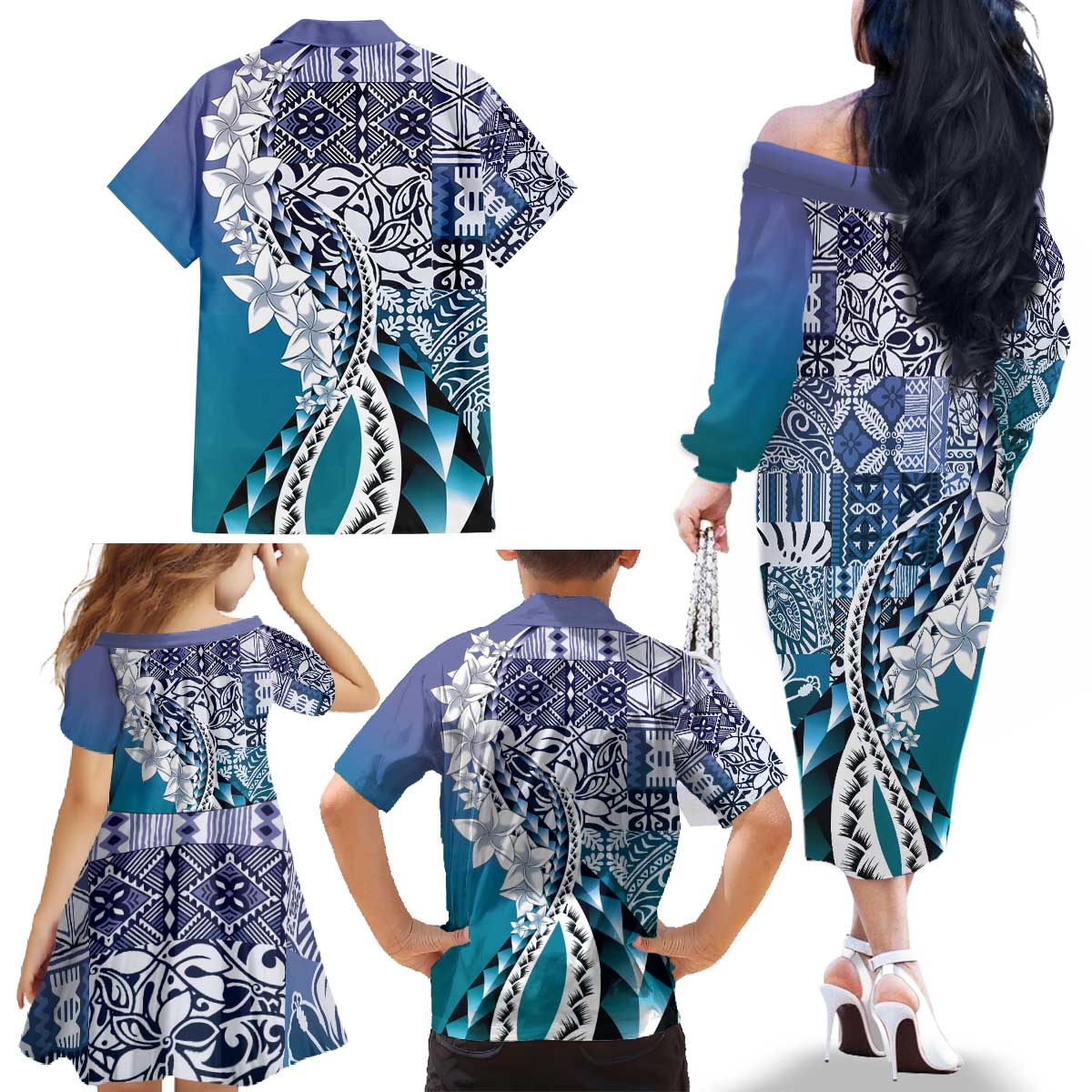 Aloha Vintage Plumeria Hawaiian Tapa Pattern Family Matching Off The Shoulder Long Sleeve Dress and Hawaiian Shirt Blue Hawaiian Tapa Pattern - Polynesian Pride