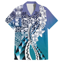 Aloha Vintage Plumeria Hawaiian Tapa Pattern Family Matching Off The Shoulder Long Sleeve Dress and Hawaiian Shirt Blue Hawaiian Tapa Pattern - Polynesian Pride