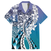 Aloha Vintage Plumeria Hawaiian Tapa Pattern Family Matching Off Shoulder Maxi Dress and Hawaiian Shirt Blue Hawaiian Tapa Pattern - Polynesian Pride