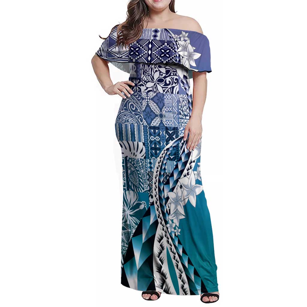 Aloha Vintage Plumeria Hawaiian Tapa Pattern Family Matching Off Shoulder Maxi Dress and Hawaiian Shirt Blue Hawaiian Tapa Pattern - Polynesian Pride