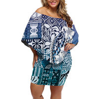 Aloha Vintage Plumeria Hawaiian Tapa Pattern Family Matching Off Shoulder Short Dress and Hawaiian Shirt Blue Hawaiian Tapa Pattern - Polynesian Pride