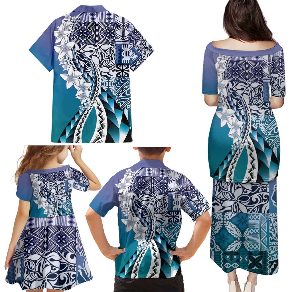Aloha Vintage Plumeria Hawaiian Tapa Pattern Family Matching Puletasi and Hawaiian Shirt Blue Hawaiian Tapa Pattern - Polynesian Pride