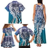 Aloha Vintage Plumeria Hawaiian Tapa Pattern Family Matching Tank Maxi Dress and Hawaiian Shirt Blue Hawaiian Tapa Pattern - Polynesian Pride
