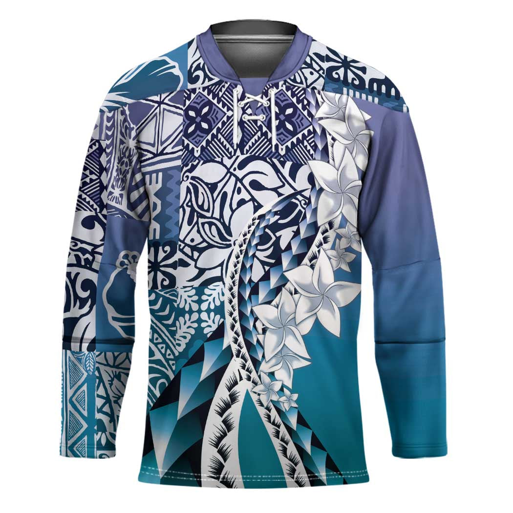 Aloha Vintage Plumeria Hawaiian Tapa Pattern Hockey Jersey Blue Hawaiian Tapa Pattern - Polynesian Pride