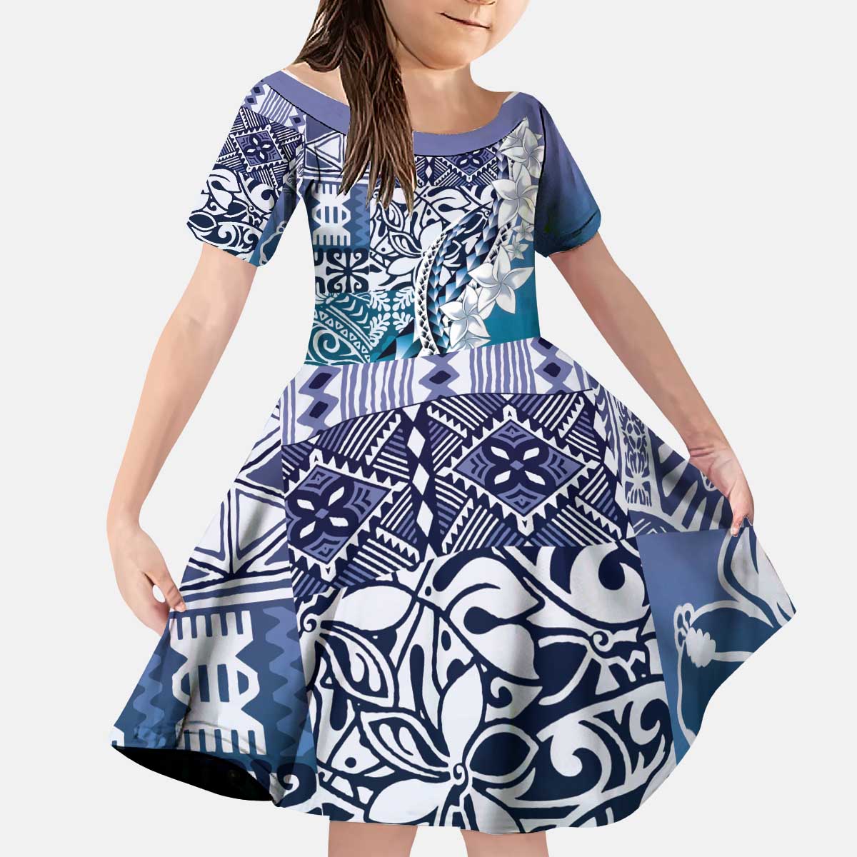 Aloha Vintage Plumeria Hawaiian Tapa Pattern Kid Short Sleeve Dress Blue Hawaiian Tapa Pattern - Polynesian Pride