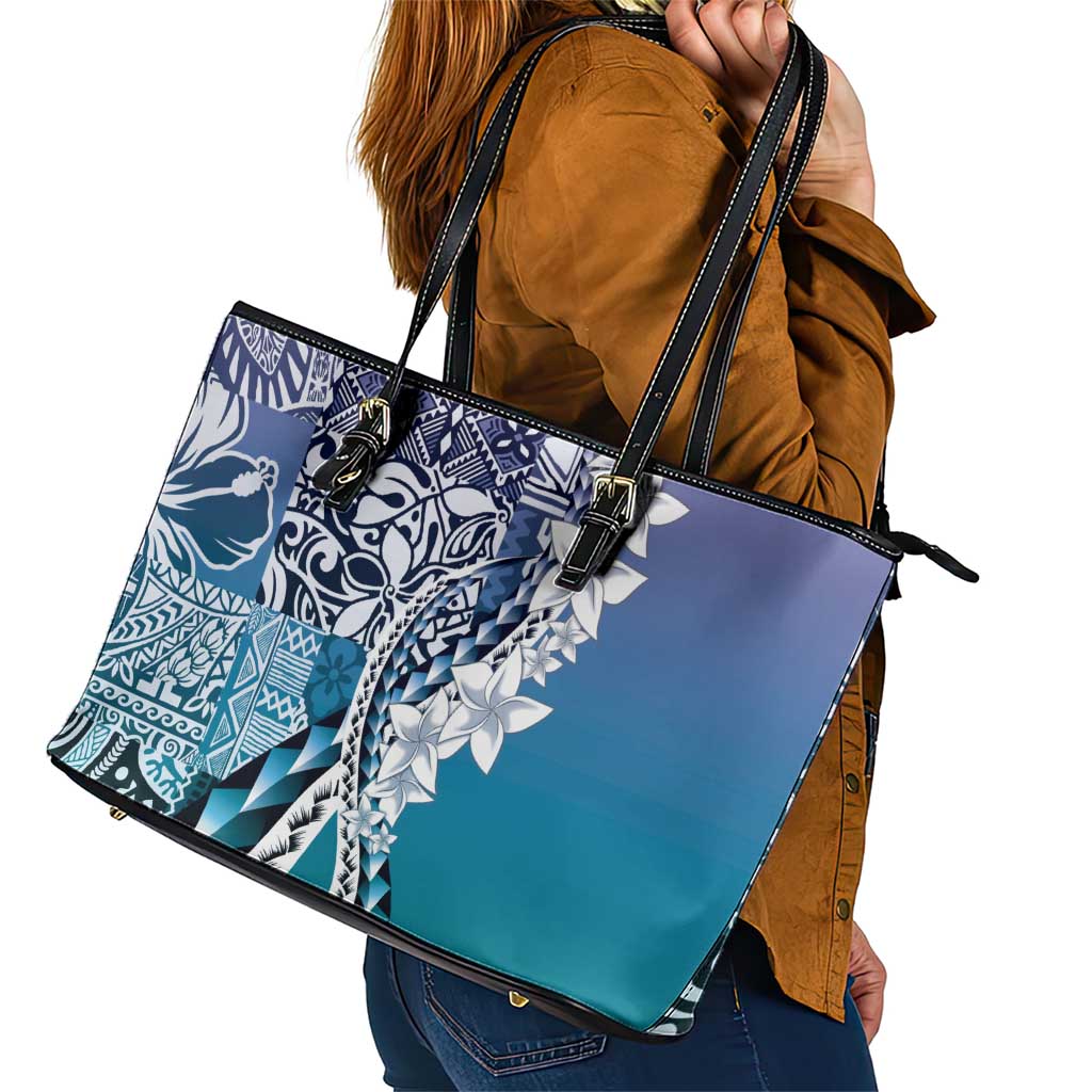 Aloha Vintage Plumeria Hawaiian Tapa Pattern Leather Tote Bag Blue Hawaiian Tapa Pattern - Polynesian Pride