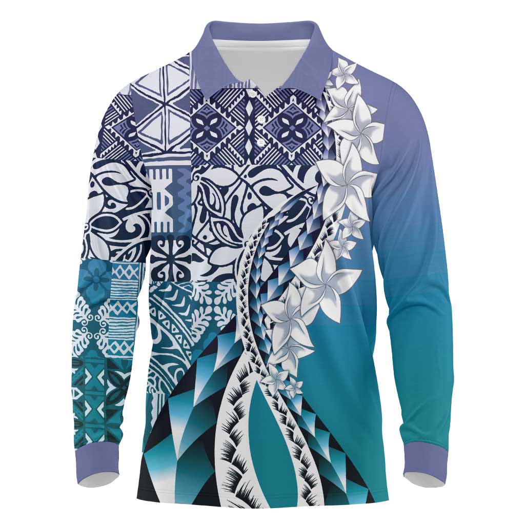 Aloha Vintage Plumeria Hawaiian Tapa Pattern Long Sleeve Polo Shirt Blue Hawaiian Tapa Pattern - Polynesian Pride