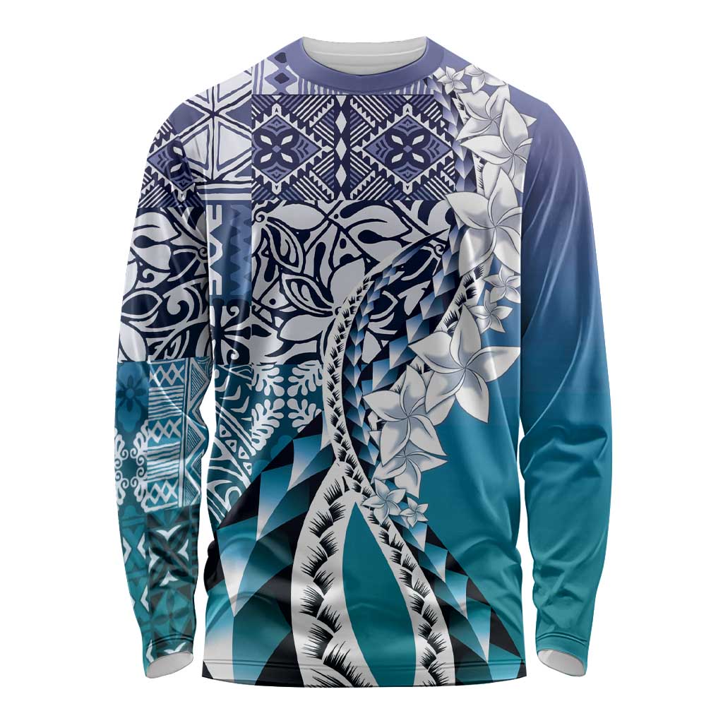 Aloha Vintage Plumeria Hawaiian Tapa Pattern Long Sleeve Shirt Blue Hawaiian Tapa Pattern - Polynesian Pride