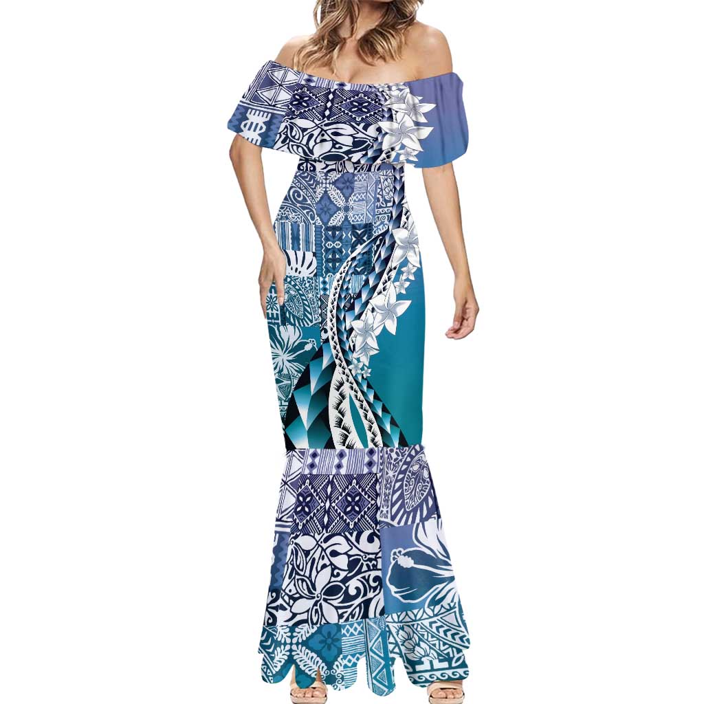 Aloha Vintage Plumeria Hawaiian Tapa Pattern Mermaid Dress Blue Hawaiian Tapa Pattern - Polynesian Pride
