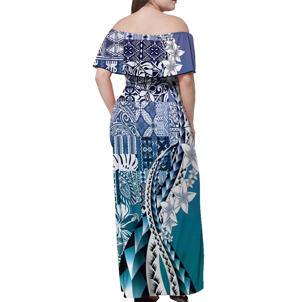 Aloha Vintage Plumeria Hawaiian Tapa Pattern Off Shoulder Maxi Dress Blue Hawaiian Tapa Pattern - Polynesian Pride