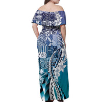 Aloha Vintage Plumeria Hawaiian Tapa Pattern Off Shoulder Maxi Dress Blue Hawaiian Tapa Pattern - Polynesian Pride