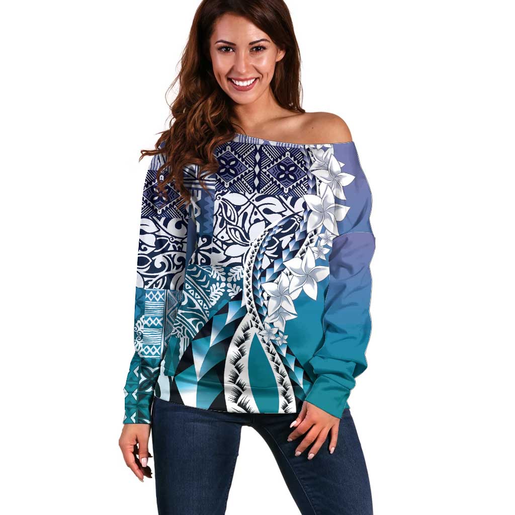 Aloha Vintage Plumeria Hawaiian Tapa Pattern Off Shoulder Sweater Blue Hawaiian Tapa Pattern - Polynesian Pride