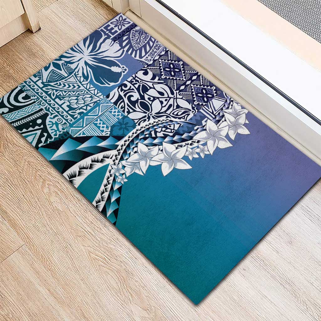 Aloha Vintage Plumeria Hawaiian Tapa Pattern Rubber Doormat Blue Hawaiian Tapa Pattern - Polynesian Pride